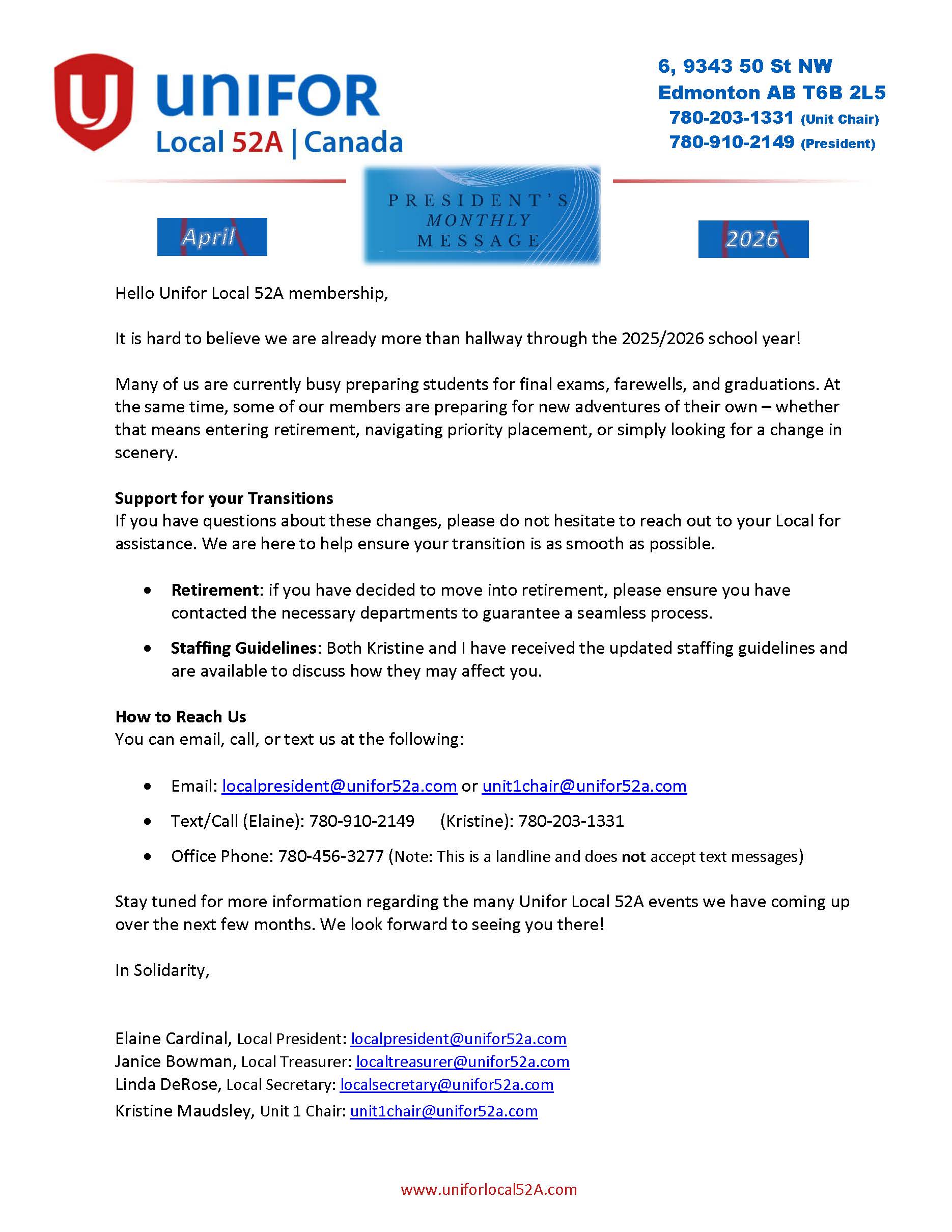 2026 04 Local 52A President's Message