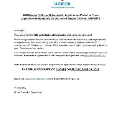 2026 Unifor National Scholarship Application Period is Open!